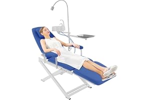 Synaiolma Portable Folding Mobile Chair, Dental Chair with 360° Rotated Arm,Led Lamp & Spittoon,Four Gears Adjustable Back Plate Tilt Angle for Clinic & Home Use. (Blue)