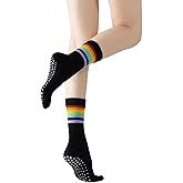 Yoga Pilates Socks with Grips for Women Striped Cushioned Non Slip Crew Socks for Barre Ballet Dance