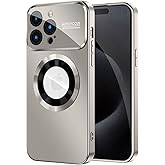 MAKAVO Magnetic for iPhone 15 Pro Max Case, Compatible with MagSafe, Built-in Camera Lens Protector, Logo View, Military Grade Drop Proof Phone Cover, Titanium Gray