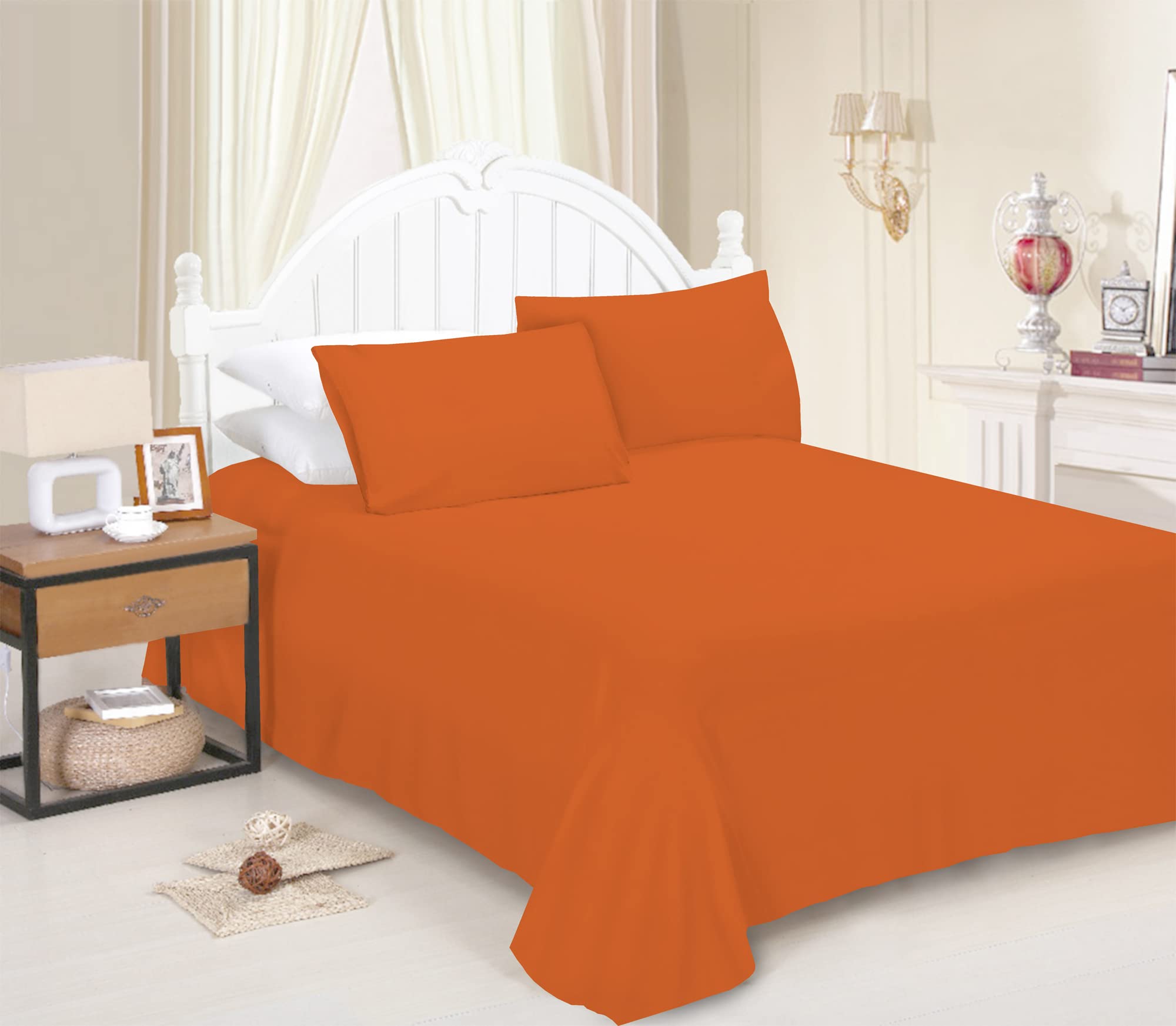 JRI® Flat Sheet- Luxurious Bed Sheet-Breathable-Hypoallergenic-Comfortable Poly Cotton Flat Sheet-Soft Touch Wrinkle Free (Orange-Single) - (Same Day Dispatch)