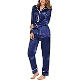 SWOMOG Womens Satin Pajamas Long Sleeve Sleepwear Silk Soft Button Down Loungewear Pjs Set S-XXL