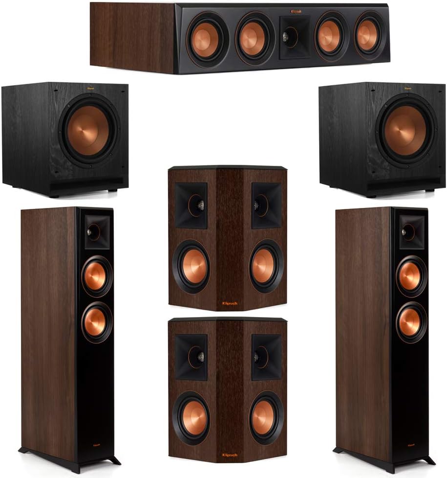 Amazon Com Klipsch 5 2 Walnut System 2 Rp 5000f Floorstanding Speakers 1 Klipsch Rp 404c Center Speaker 2 Klipsch Rp 402s Surround Speakers 2 Klipsch Spl 100 Subwoofers Electronics
