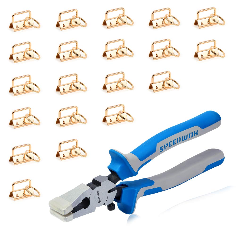 SPEEDWOX 20 Sets of Key Fob Pliers and 1.25 Inch Key Fob Hardware Sets with Keychain Split Rings Golden Webbing Fabric Strapping Glass Breaking Pliers Tools with Rubber Tips