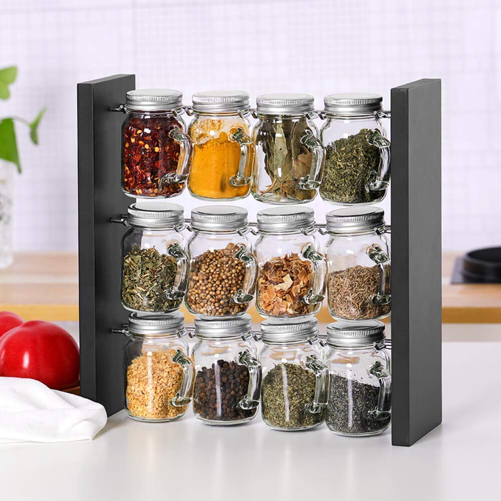 Updated Version(New Bottle Appearance With Handle) Spice Rack Stand Holder Wood Herb and Spice Rack Stand with 12 Clear Glass Jar Bottles for Kitchen Counter (Spices Not Included)