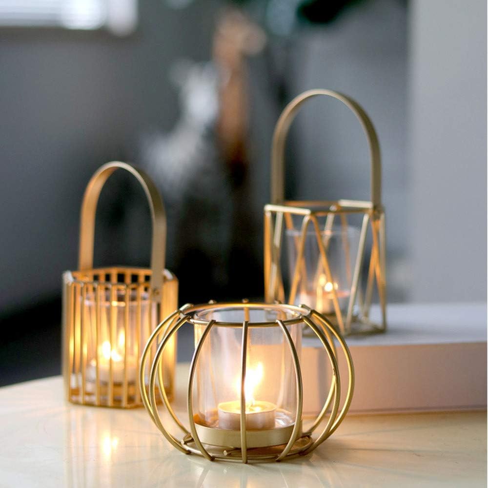 Lovecat Set of 2 Hollow Gold Candle Holders, Metal Candlesticks, Geometric Candle Stands, Home Wedding Decor Candleholders, Tealight Candlesticks, Candlelight Dinner Candleholders (Round Stripe): Home & Kitchen