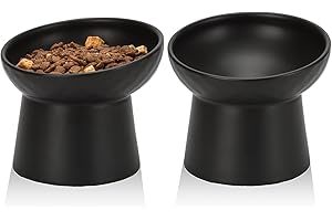 YauYik Ceramic Raised Cat Bowls, Elevated Tilted Cat Food and Water Bowls Set, Stress Free Pet Feeding Dish for Indoor Cats and Small Dogs, Anti Vomiting, Black, 2 Pack