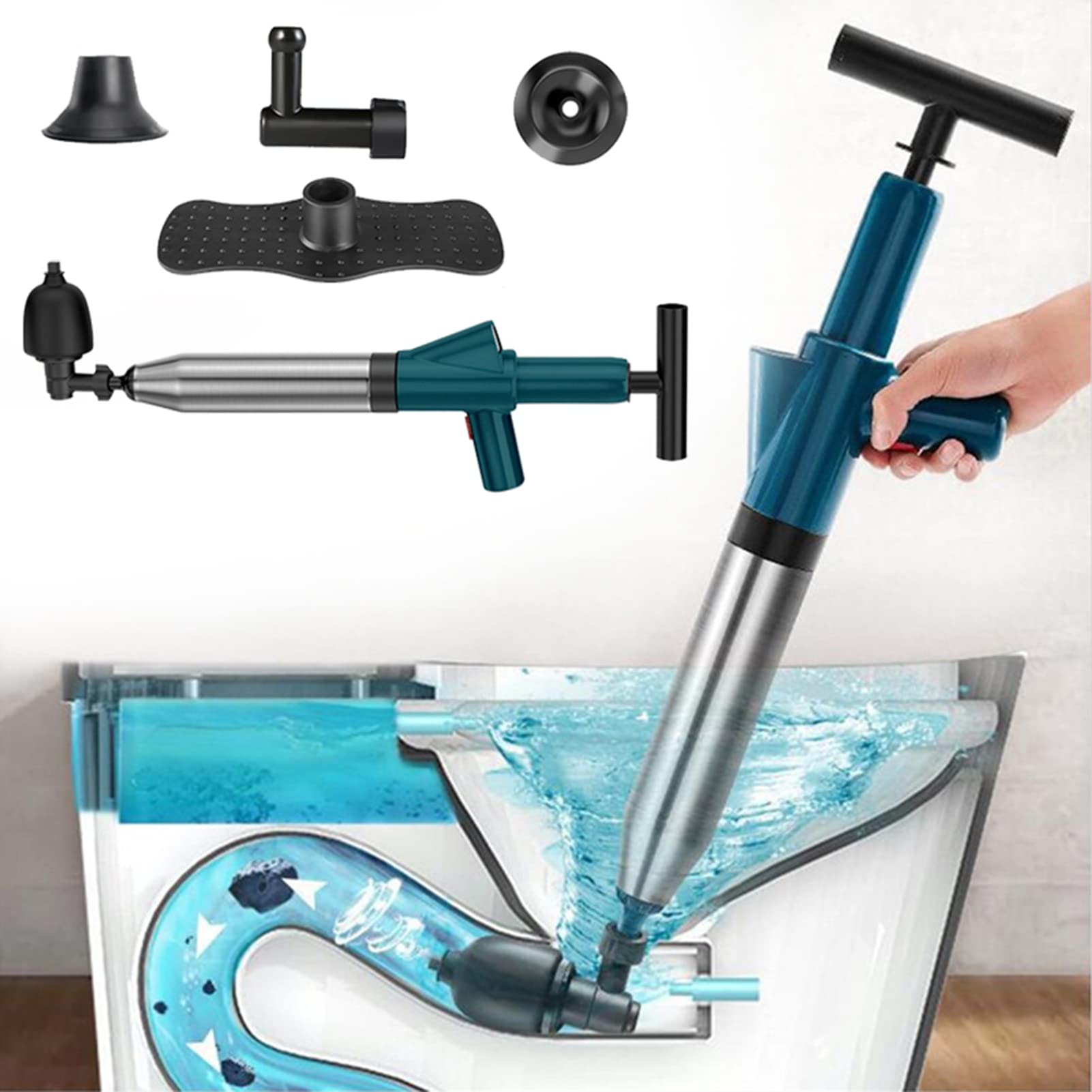 WCIC High Pressure Toilet Plunger & Drain Unblocker Kit with Visual Barometer & 4 Replaceable Heads - Heavy Duty for Blocked Toilets, Sinks, Baths, Showers, Floor Drains & Pipes (Blue) — image 1