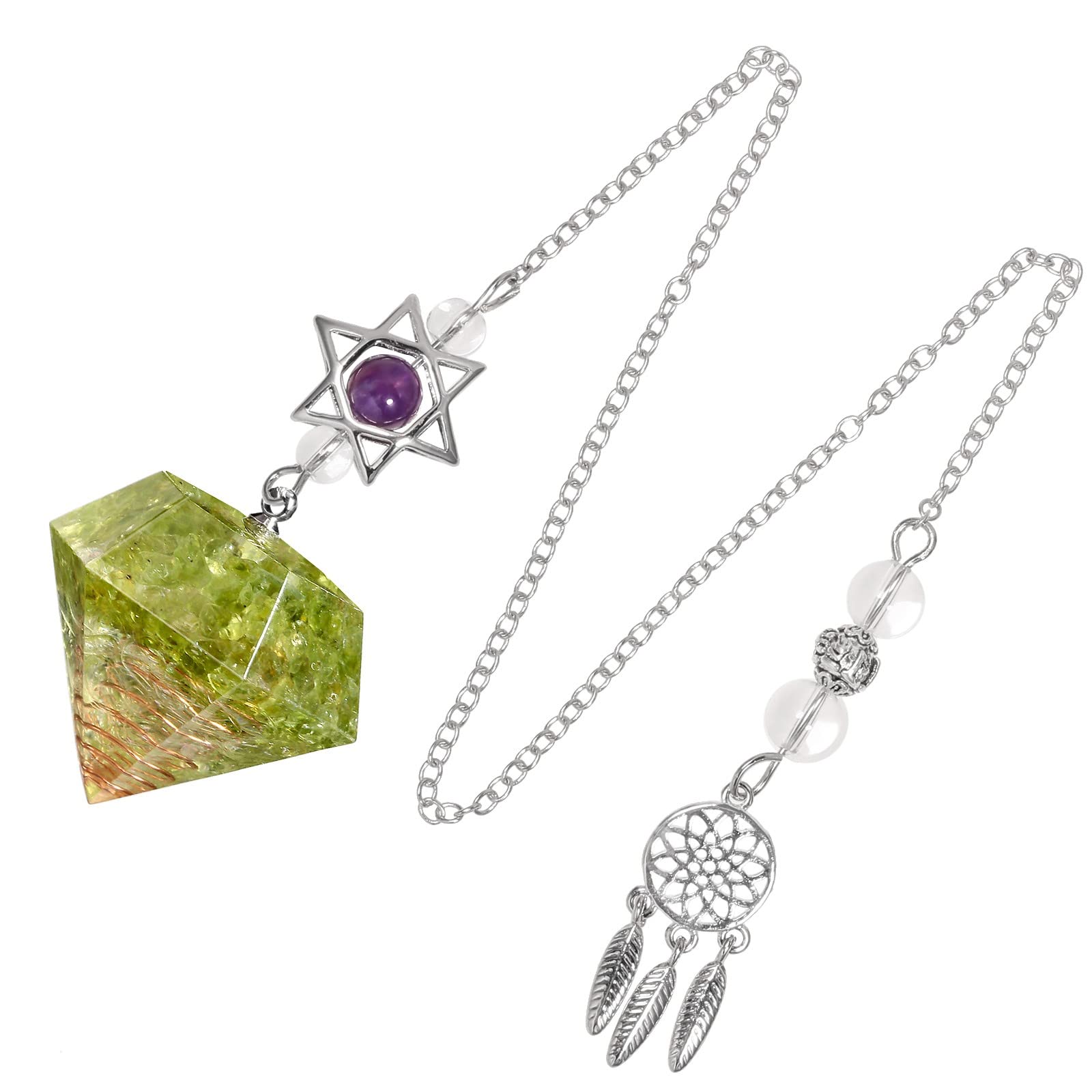 KYEYGWO Healing Crystal Point Pendulum with Dream Catcher and Star of David Necklace, Resin Pendulum Hexagon Crystal Stone Pendant, Peridot