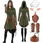 7 PCS Renaissance Costume Women Medieval Hooded Robe Lace Up Dress Renaissance Belt Leather Arm Pouch Accessory