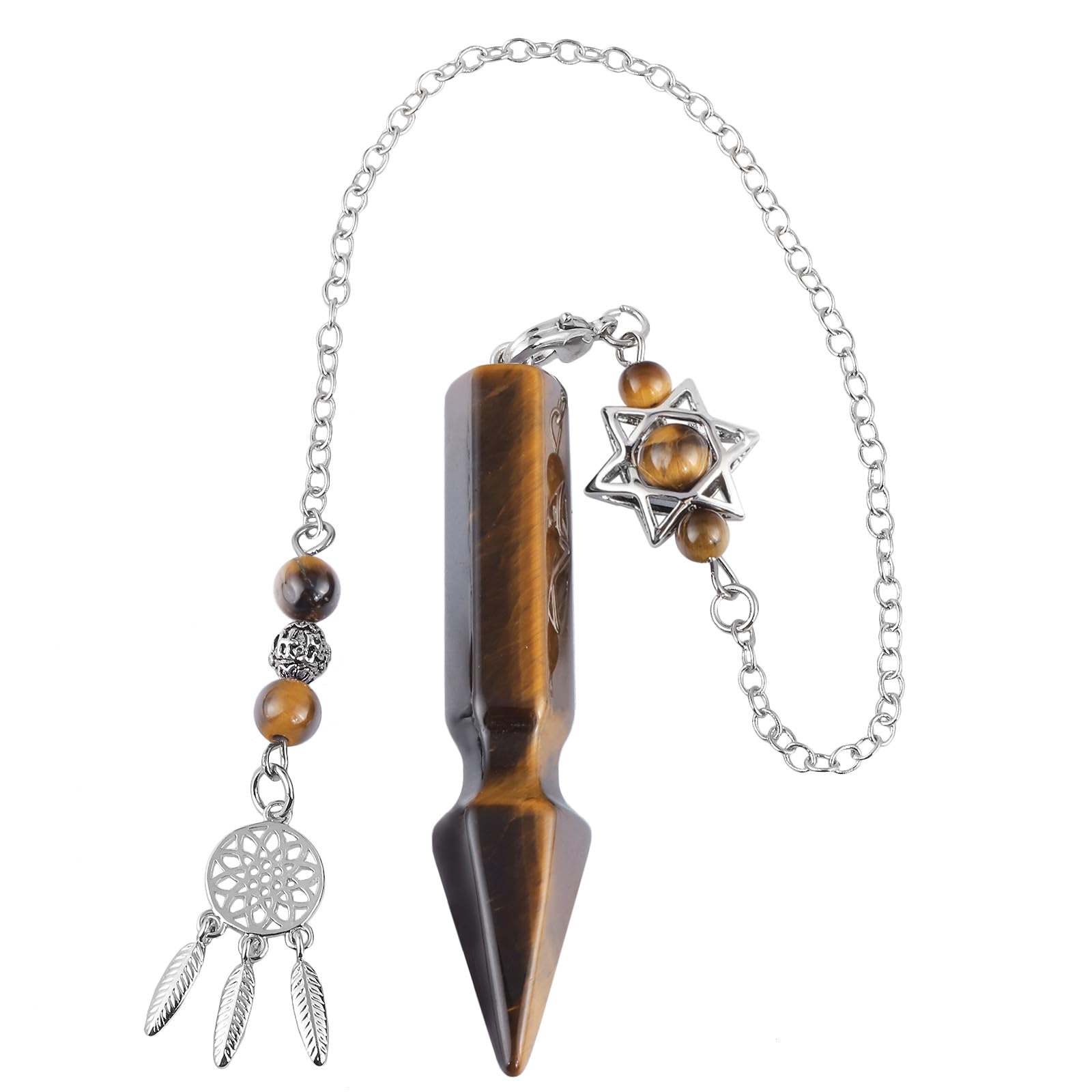 Nupuyai Tiger's Eye Crystal Stone Point Dowsing Pendulum for Divination Scrying, Arrow Shape Healing Stone Pendulum with Merkaba Star Dream Catcher Chain