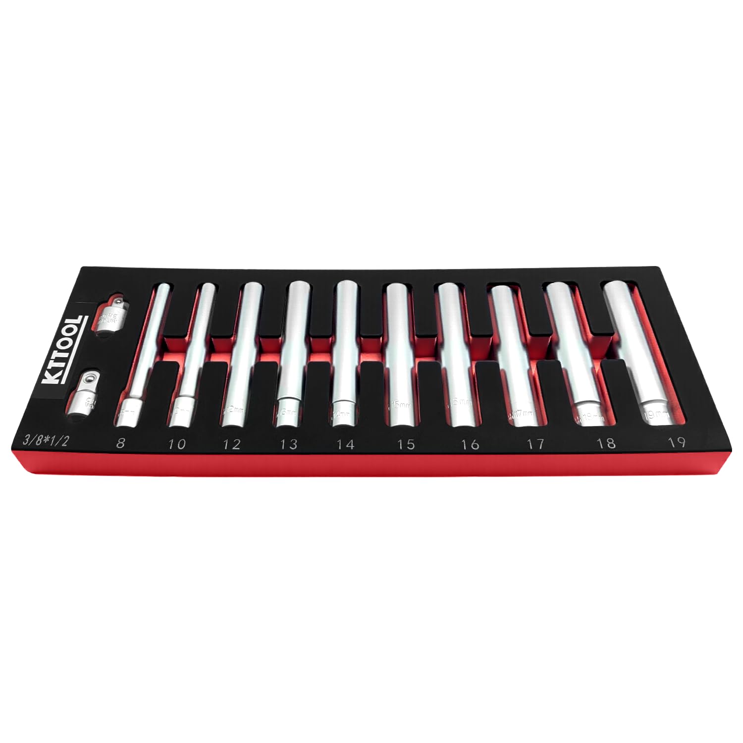 Photo 1 of 12pcs Extra Deep Socket Set Metric 12 Point 3/8" and 1/2" Drive Extra Long Socket 8mm 10mm 12mm 13mm 14mm 15mm 16mm 17mm 18mm 19mm With 1/2" 3/8" Adapter