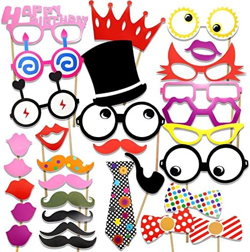 Photo Booth Props DIY Kit for Birthday Parties Decorations Photobooth Dress-up Accessories &amp; Baby Kids Favors (31 PCS For Birthday)