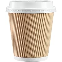 GUSTO [10 oz. - 50 Sets] Insulated Kraft Ripple Paper Hot Cups, Disposable Coffee Cups with Lids - Ideal for Hot Beverages, T