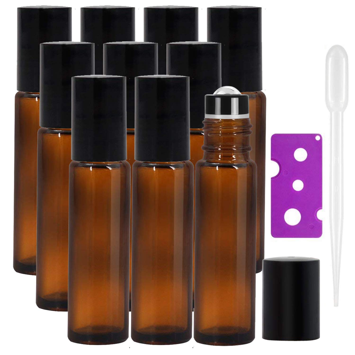 Yalbdopo Essential Oil Roller Bottles - 10Pcs, 10ml Refillable Amber Glass Roll on Bottles with Black Lids, 12 Pcs Labels, 1 Dropper & 1 Opener Included - Perfect for Aromatherapy (Upgraded)