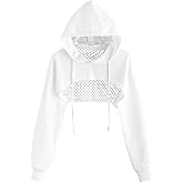 Remidoo Womens Cropped Hoodie Fishnet Long Sleeve Crop Top Hollow Out Drawstring Sweatshirt