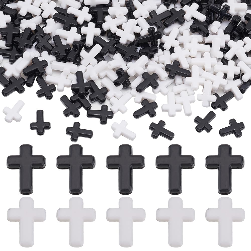 SUNNYCLUE 300Pcs Black Cross Beads White Acrylic Crosses Small Plastic Cross Beads Bulk Mini Tiny Cross Bead Charms Crucifix Loose Spacer Beads for Jewellery Making DIY Beading Kit Easter Decoration