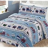 Kids Zone Home Linen 3pc Full/Queen Bedspread Coverlet Quilt Set for Boys Multi-Color Train Choo-Choo Rail Roads Tracks Wagon Blue White Red