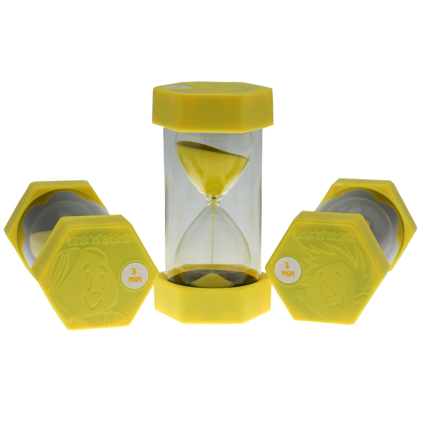 Tink n Stink Large Sand Timer 3 Minute Yellow Hourglass with Robust End Caps Quiet Time Management Classroom Games Home Office…