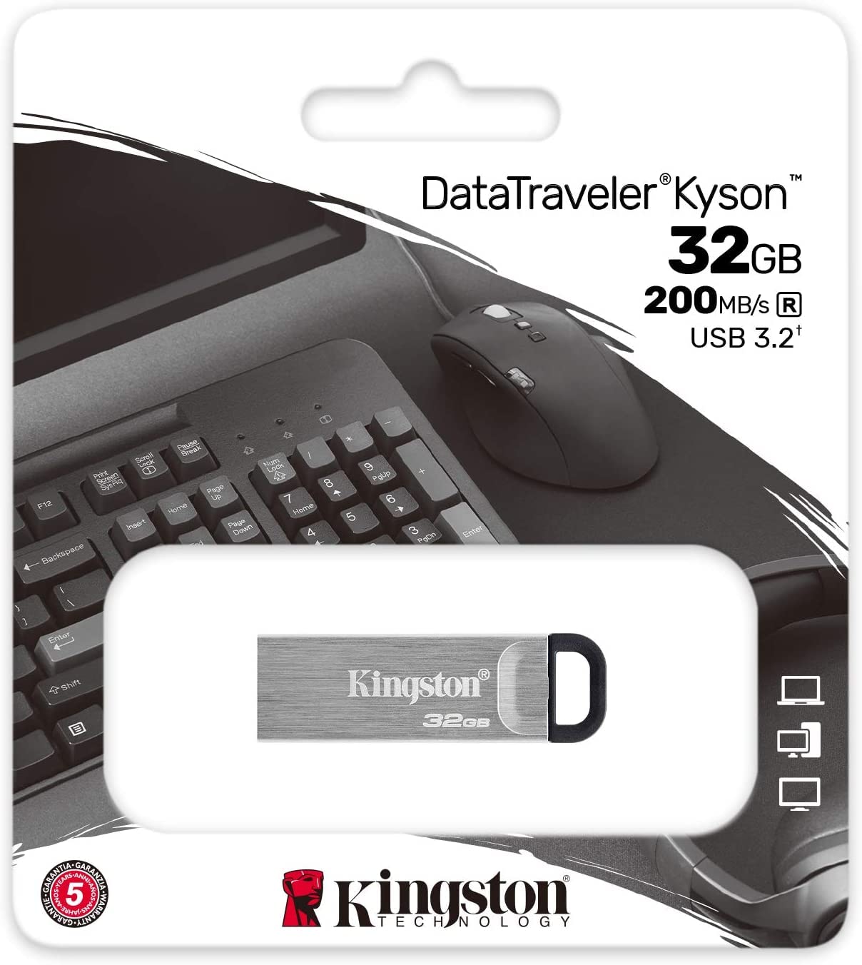 Kingston 32GB DataTraveler Kyson High Performance up to 200MB/s USB 3.2 Metal Flash Drive DTKN/32GB Bundle with (1) GoRAM Black Lanyard (32GB, 5 Pack)