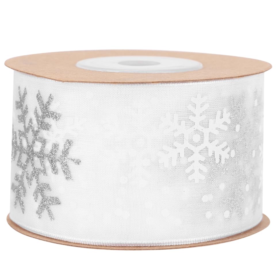 Christmas Snowflake Ribbon Wired Sheer Glitter Ribbon for Wrapping Christmas Wreath Garland Tree Decoration White