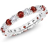 Gem Stone King 1.50 Cttw Red Garnet and White Created Sapphire Eternity Band Ring For Women | 925 Sterling Silver | Gemstone Birthstone | Wedding Engagement Anniversary Promise Ring For Women