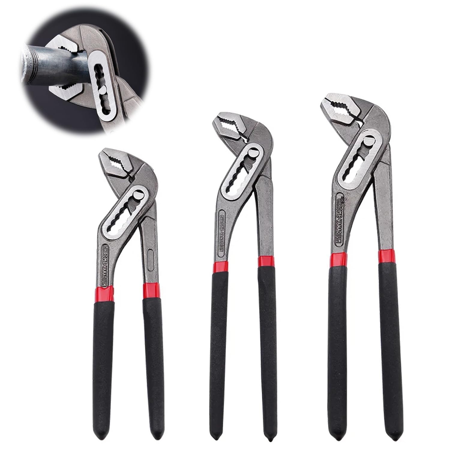 3 Pack Water Pump Pliers Set 8/10/12 inch(200/250/310mm), 45 Steel Slip Plumbers Wrench, Adjustable Pipe Grips, Tongue-and-Groove Pump Pliers, Plumbing Tools with Non-Slip Rubber Handle