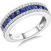 RANDES 925 Sterling Silver Thick Band Rings for Women Men Channel Set Half Eternity Wedding Anniversary Band Sapphire/Emerald/Ruby/Topaz Gemstone Birthstone Ring Size 6 to 10