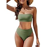 YACUN Women's High Waisted Bikini Swimsuit Two Piece Strapless Bandeau Cheeky Bathing Suits
