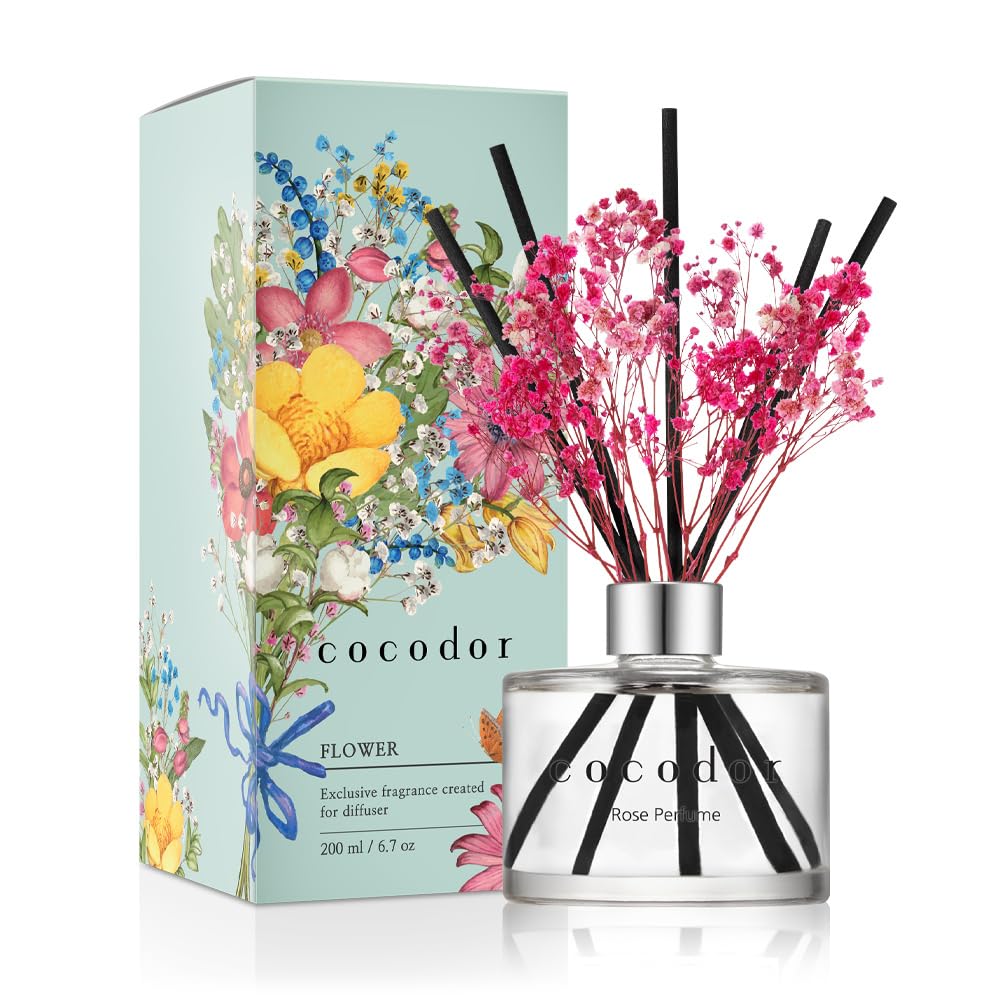 Cocod'or [COCODOR/Rose Perfume] Flower Reed diffusers Oil with a Set of 5 Fiber Sticks, 200ml, Best for Home, Kitchen, Bathroom. Diffusers with sticks