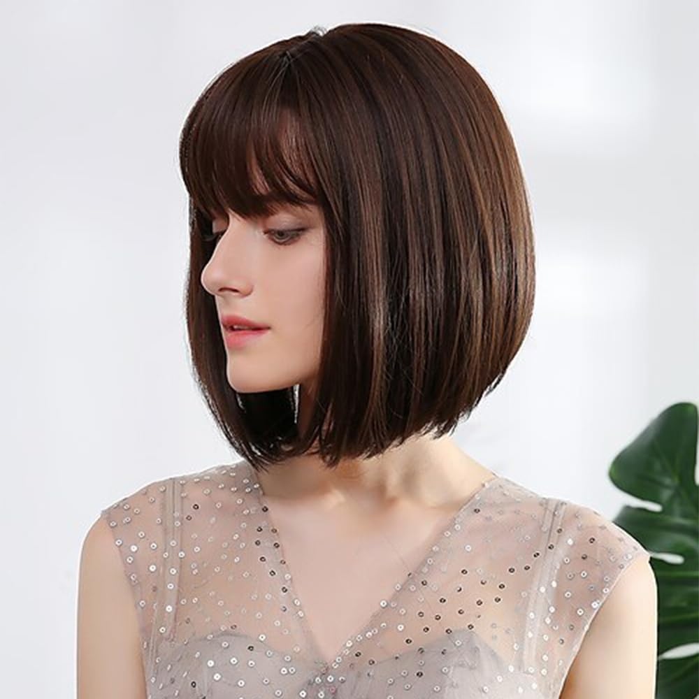 FASHION IDOL Bob Human Hair Wig with Bangs for Black Women Short Straight Hair 8 Inch Natural Ombre Brown Machine Made Short Bob Wigs