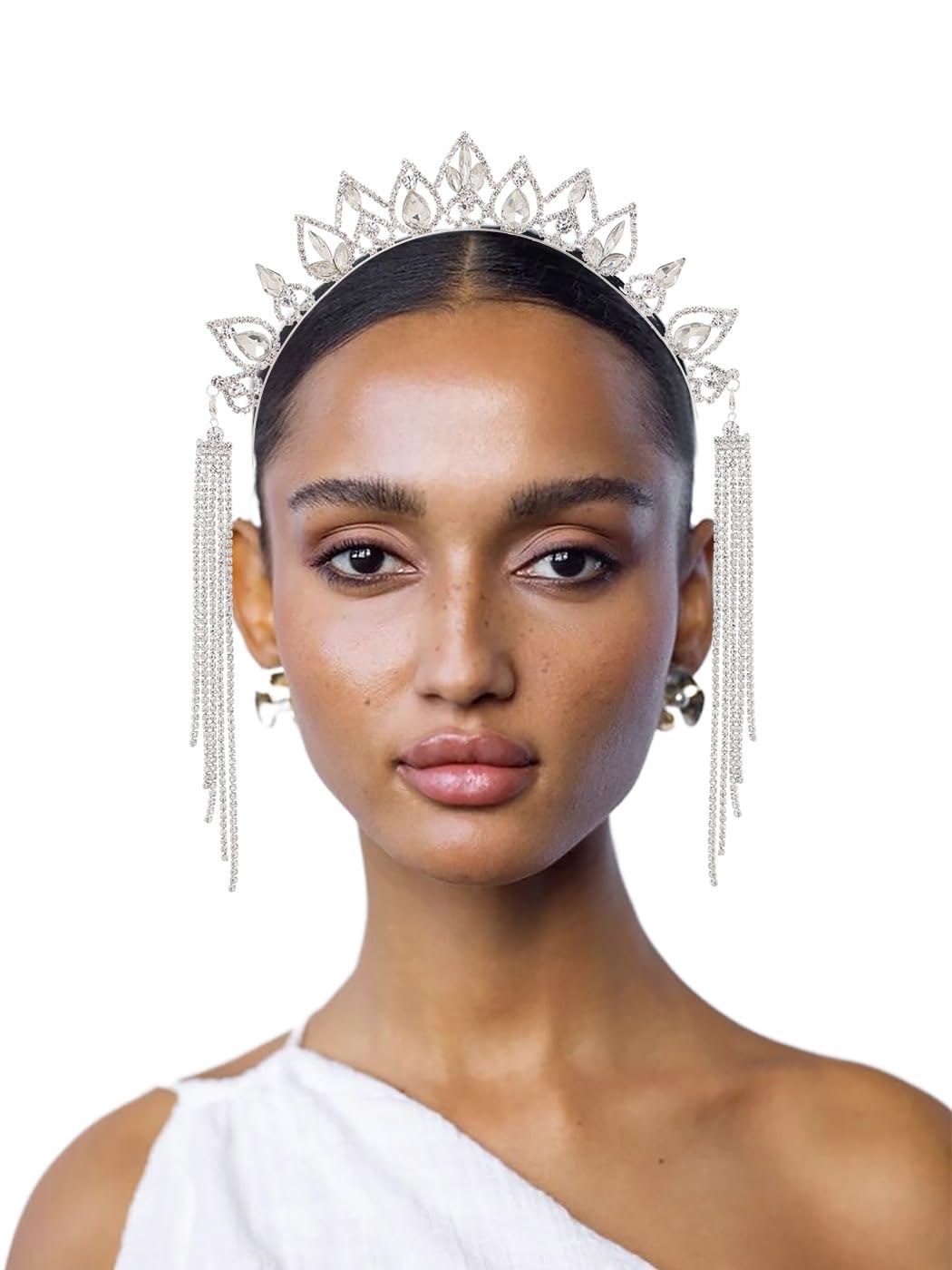 IYOU Rhinestone Goddess Wedding Headband Crown Crystal Silver Halo Headpiece Tassel Party Costume Wedding Hair Pieces Accessories for Women