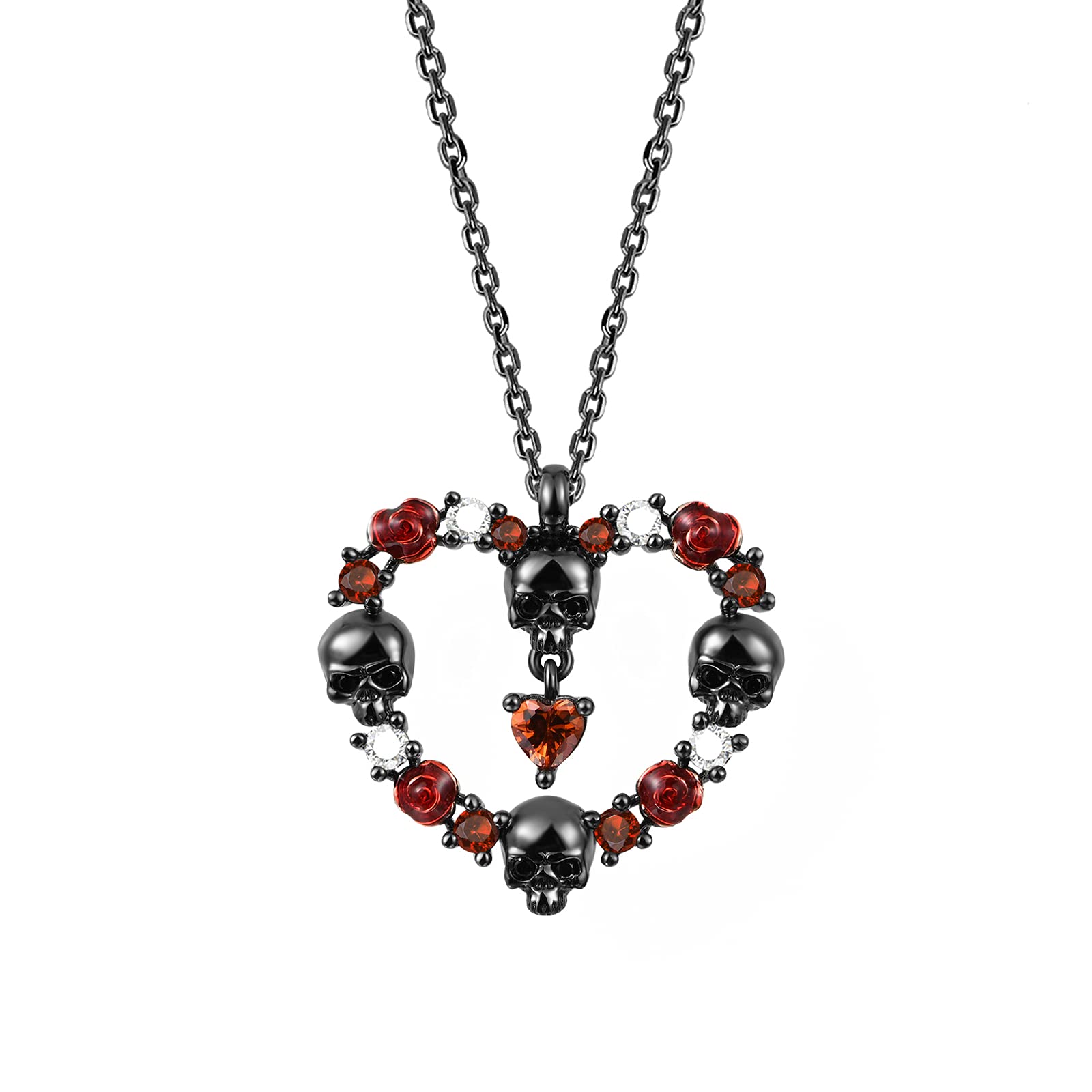 GNOCE Rose & Skull Necklace 925 Sterling Silver Black Plated Heart Necklace With Red Stone Adjustable Chain Necklace Jewelry Gift for Women Girls Wife Daughter