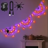 FFZZKJ Halloween Decorations Spider Web Lights 6FT 60LED Battery Operated/USB Powered with Black Spider with Timer 8 Modes Indoor Outdoor for Halloween Decor, Orange&Purple