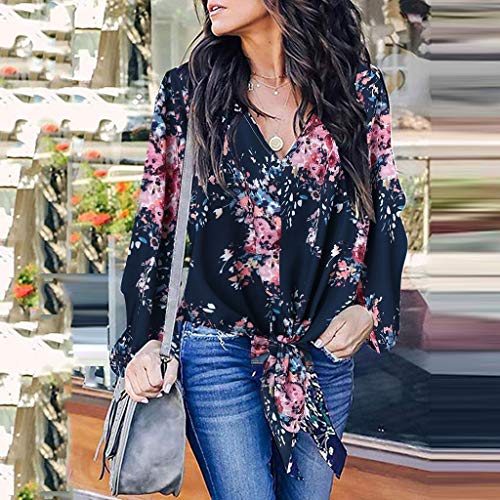 Womens Floral V Neck Tie Knot Front Blouses Bat Wing Short Sleeve Chiffon Tops Shirts Navy