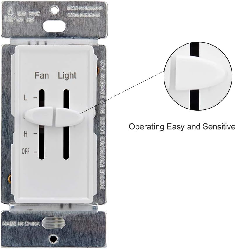 DELIXI White 3 Speed Ceiling Fan Wall Speed Control with LED Dimmer Light Switch, 360W Incandescent Load, Single-Pole, 120 Vac, 60 Hz, 2.5 A, White (1 Pack) - - 