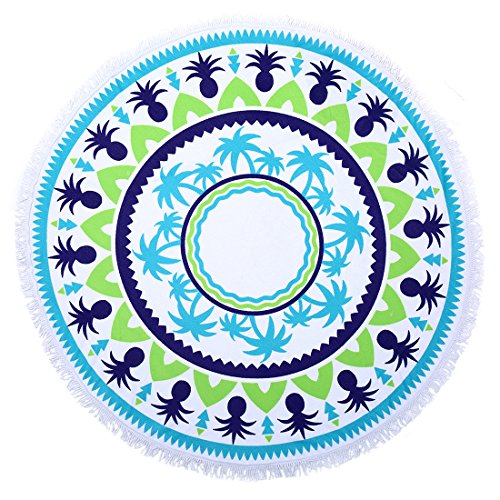 Mandala Roundie Beach Towel Microfiber 60inch Circle with Tassels Ultra Soft Super Water Absorbent Multi-Purpose Sunbathe Beach Blanket Tapestry (BLUE COCONUT TREE)