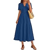 MEROKEETY Women's 2026 Summer Casual Midi Dress Short Sleeve V Neck A Line Flowy Tiered Vacation Beach Dresses