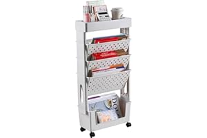 JOYZAN 5 Tier Rolling Utility Cart Mobile Bookshelf Cart with Wheels, Movable Book Case Document Files Storage Cart, Slim Rolling Storage Book Cart for School,Bedroom,Classroom,Office,Library,Kids Room