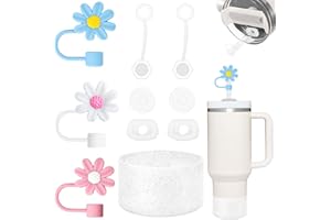 BONNECHANCE Stanley Cup Accessories Set Including 6 Pcs Silicone Spill Proof Stopper, 3 Pcs 10mm Flower Straw Cover Cap, 1 Pcs Bling Silicone Boot Sleeve for Stanley Cup Stanley 40oz & 30oz Tumbler