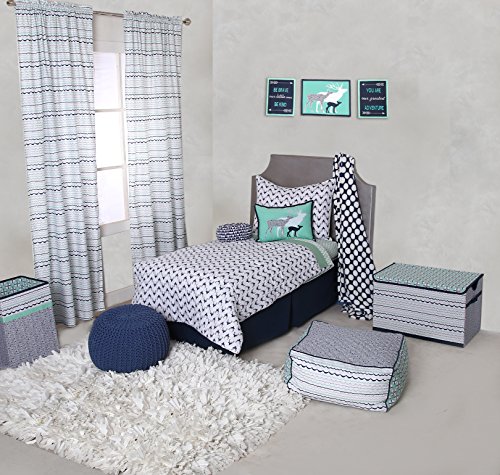 Bacati Noah Tribal Triangles/Feathers/Bucks Cotton Muslin 4 Piece Toddler Bedding Set, Aqua/Orange/Navy