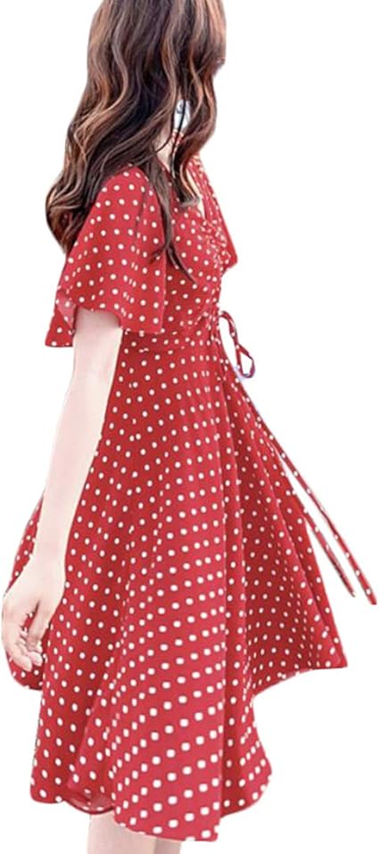 Amazon Co Jp Bscool ワンピース レディース 半袖 シフォンワンピース ドット柄 ベルスリーブ おしゃれ フレアワンピース ロング丈 マキシワンピース 夏 リゾート 服 ファッション小物