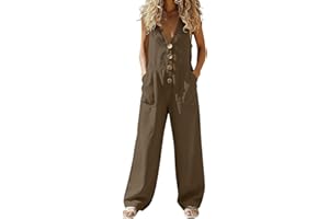 Women Button Down Jumpsuits Sleeveless Cotton Linen Wide Leg Rompers Loose Fit Casual Overall with Pockets