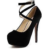 Women's Platform High Heel Pumps with Criss Cross Ankle Strap, Closed Toe, Dress Shoes