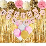 Paxcoo Pink and Gold Birthday Decorations with Birthday Banner Balloons Tissue Flowers Fringe Curtain for Girls 1st Party