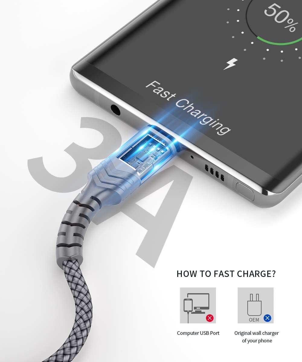 USB Type C Cable 3A Fast Charging, JSAUX(2-Pack 3.3ft+3.3ft) USB-A to USB-C Charge Braided Cord Compatible with Samsung Galaxy S10 S10E S9 S8 S20 Plus,Note 20 10 9 8, and Other USB C Charger (Grey): Industrial & Scientific