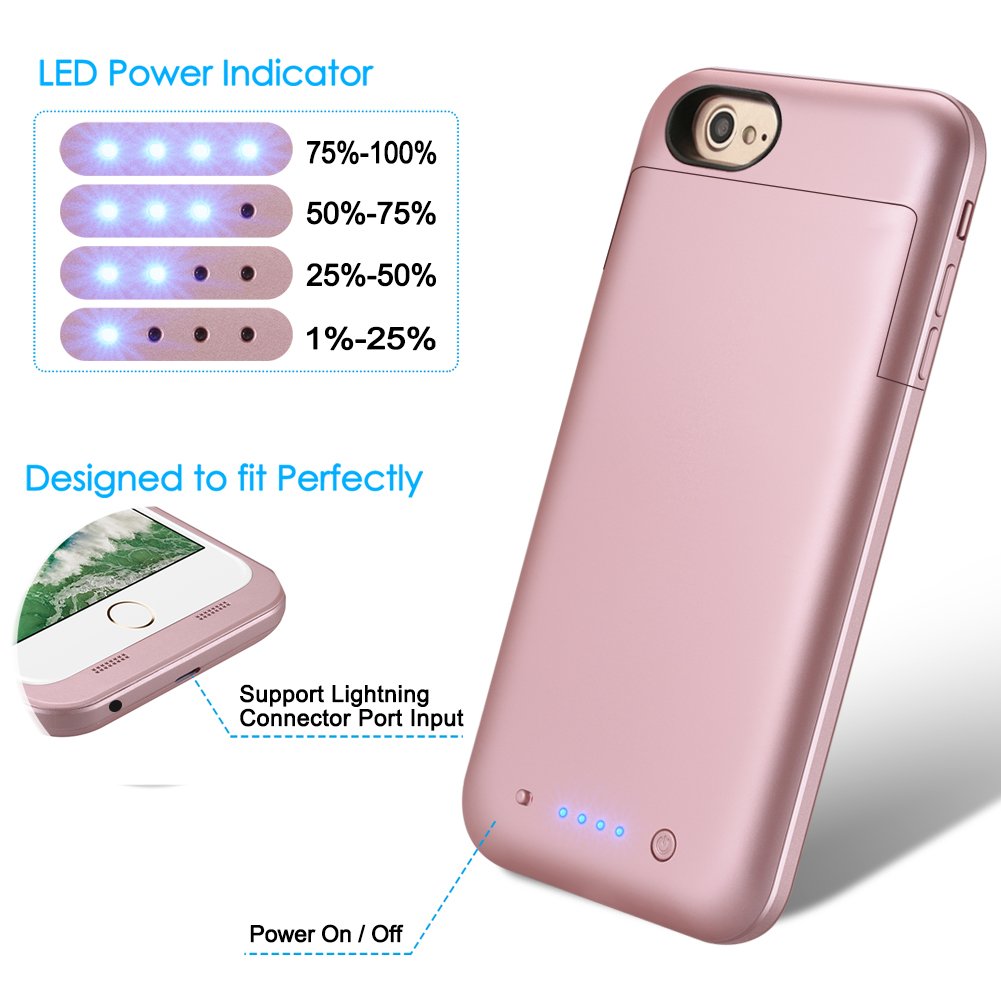 iPhone 6 Plus/6S Plus Battery Case, 6800mAh High Capacity Portable Charger Case Extended Rechargeable Backup Charging Case Protective Power Bank for iPhone 6+ 6S+ (5.5 Inch) - Rose Gold