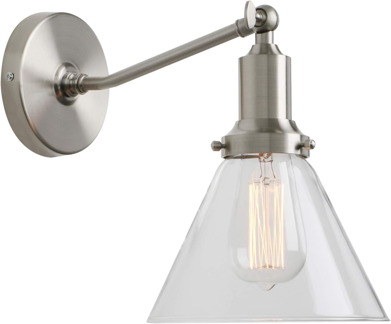 PERMO Industrial Vintage Slope Pole Wall Mount Single Sconce with Funnel Flared Clear Glass Shade Wall Sconce Light Lamp Fixture (Brushed)
