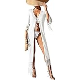 BreathSunny Womens Crochet Knit Swimsuit Coverup Beach Cardigan Summer 2025 Tie Front Tassel Bathing Suit Cover Up Kimono