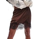 Women Lace Trim Silk Mini Skirt Y2k Lacy Satin A Line Half Silp Short Skirt Cute High Waist Underskirt
