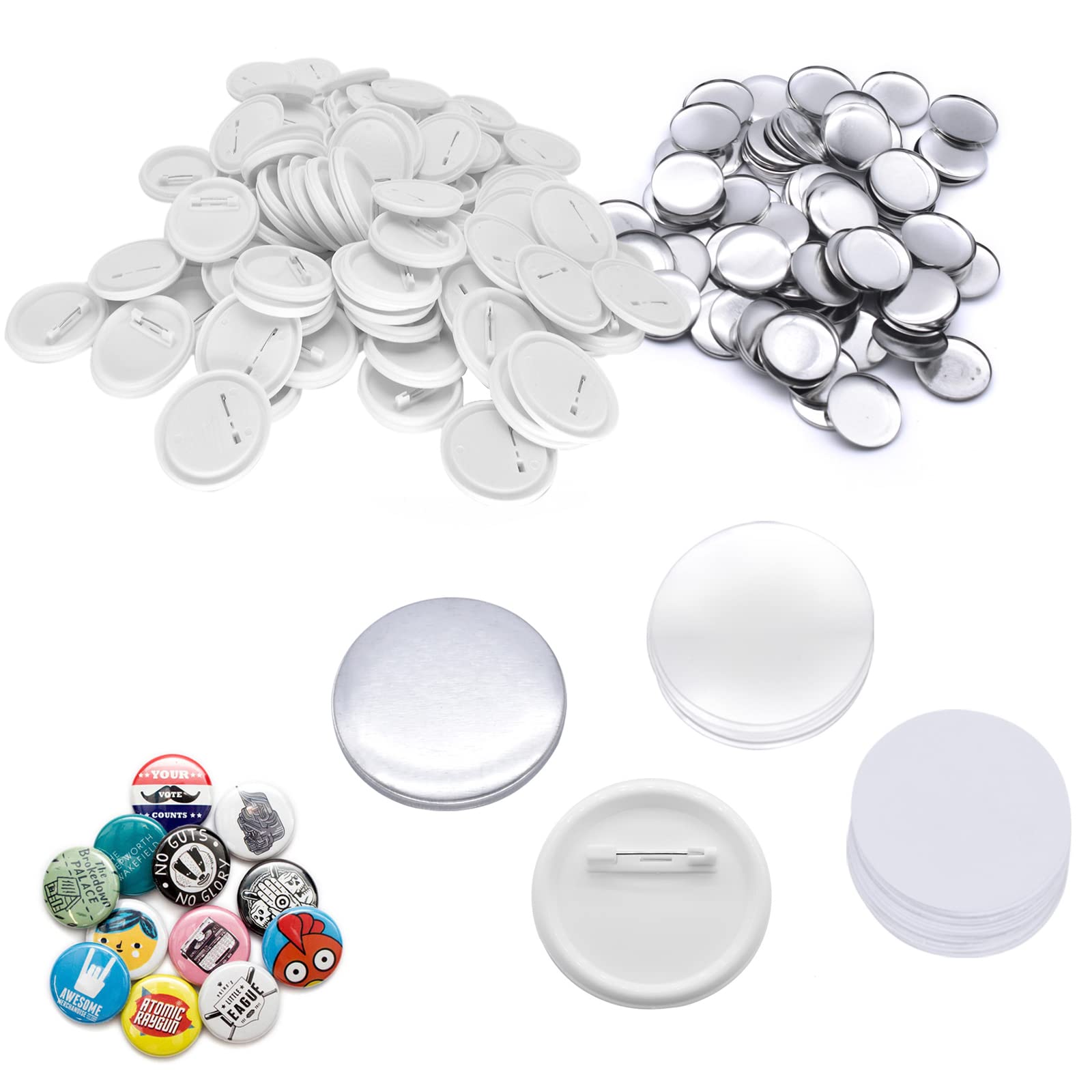 PEALOV Blank Pin Back Button Parts,200 Sets 58mm(2.28 inch) Blank Badge Making Supplies,Round Metal Button,Includes Metal Cover,Plastic Button Back Cover, Clear Film&Blank Paper,DIY Craft Supplies